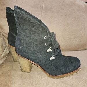 UGG Sz 8 Black Suede 4" Heel, Tie Front Ankle Booties, Sheepskin Interior